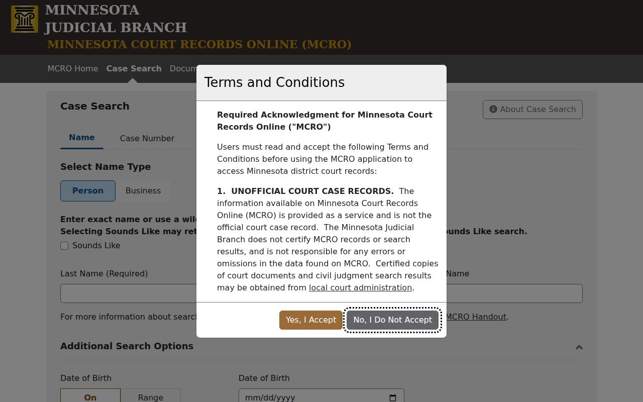 McLeod County case search MCRO public search tabs