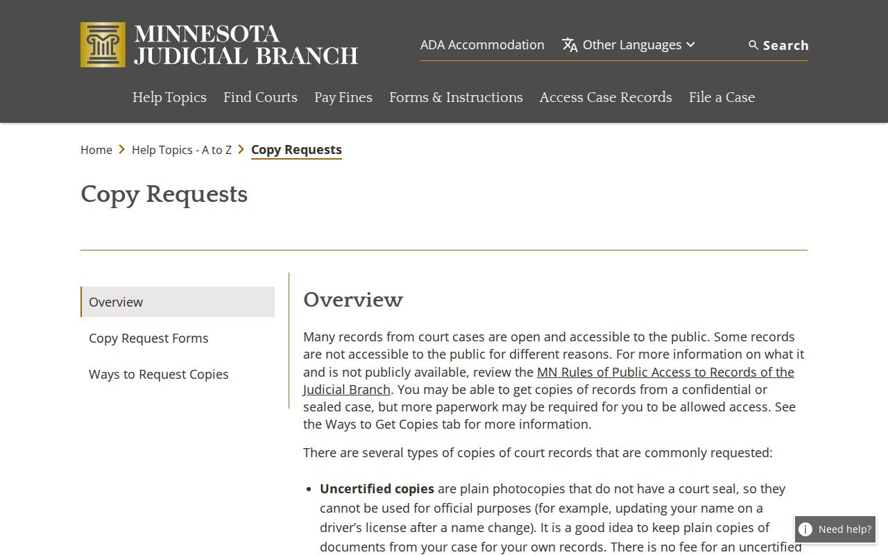 McLeod County civil docket copy request record overview