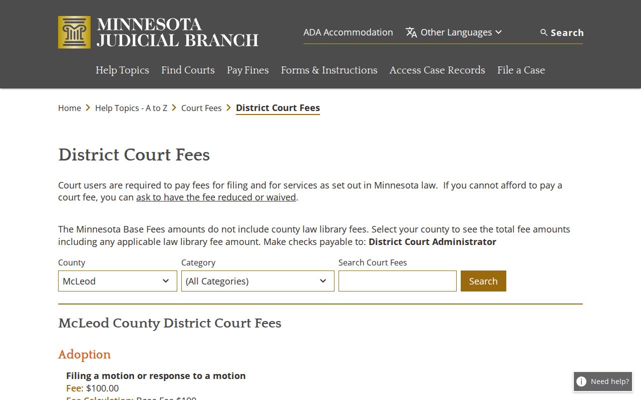 McLeod County civil docket county fee table record