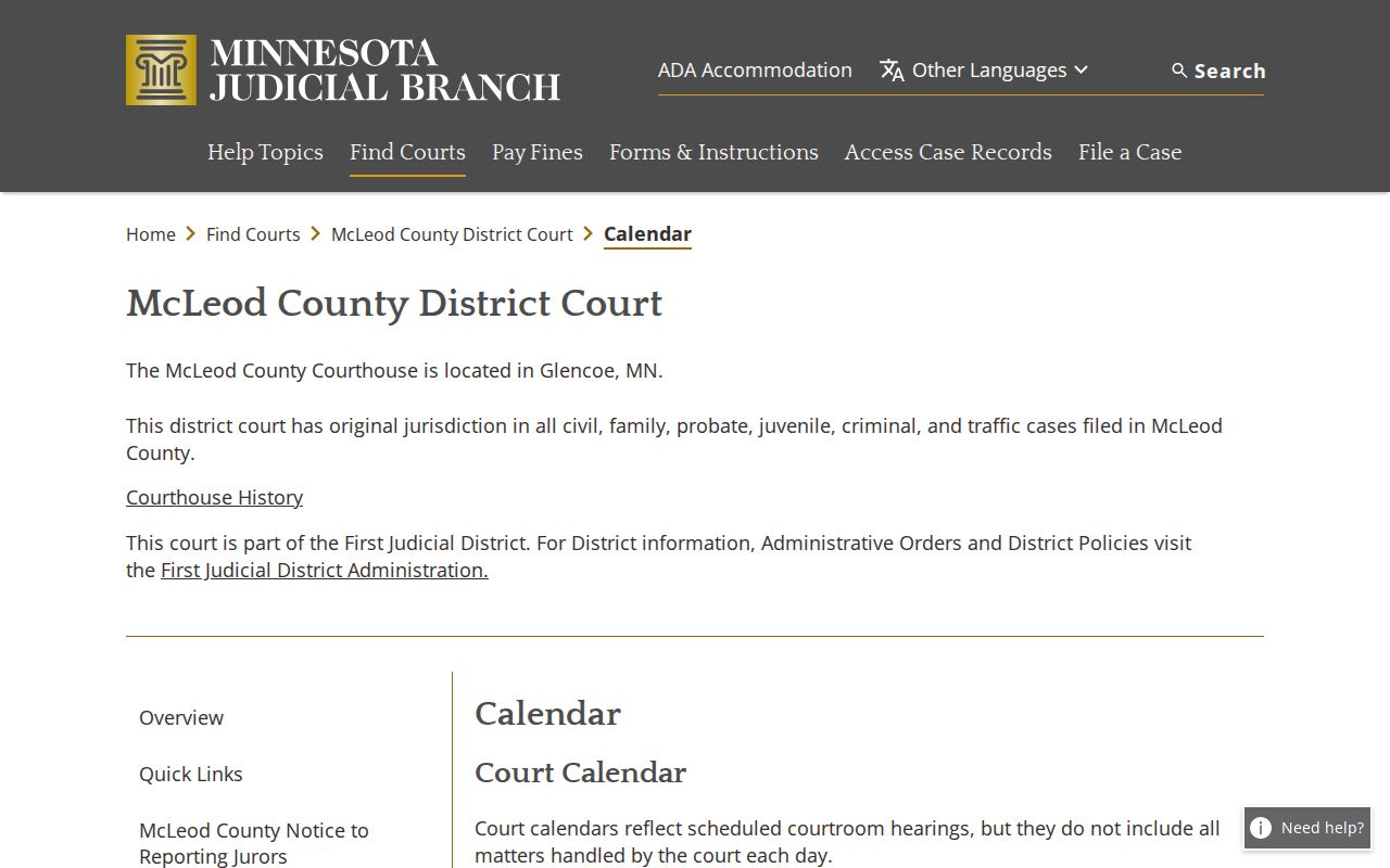 McLeod County court calendar official calendar instructions