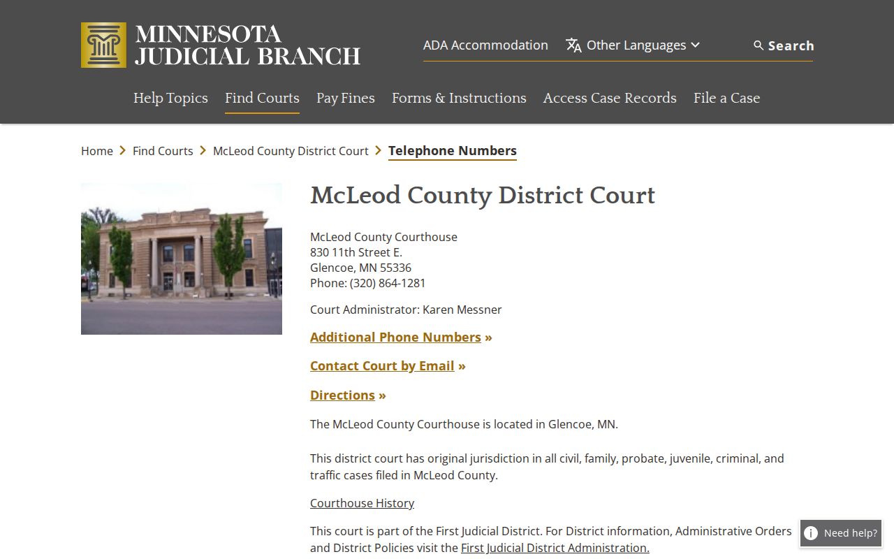 McLeod County court docket records contact for District Court Administration